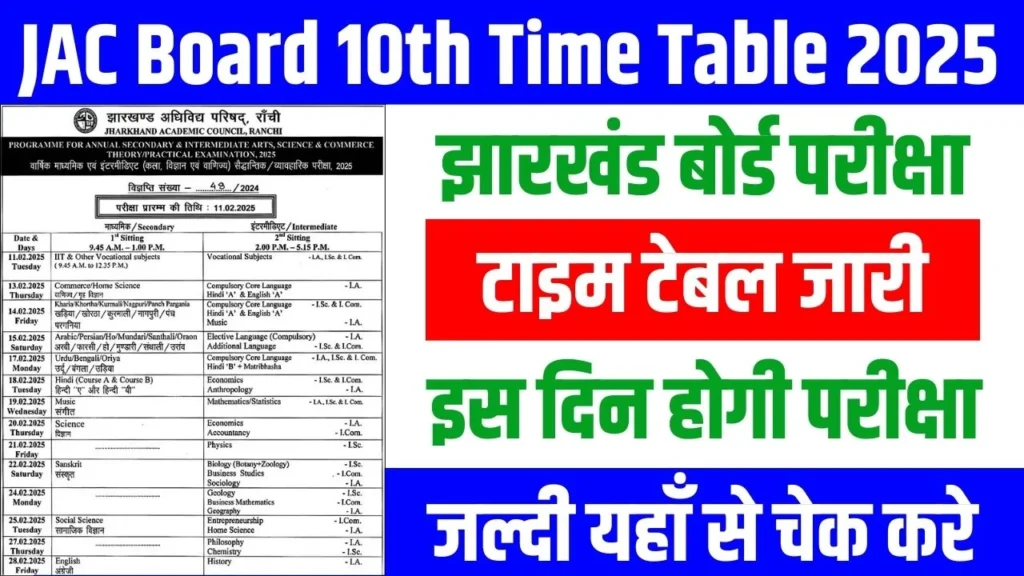 Jharkhand Board 10th Time Table 2025